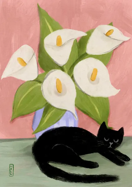 Lilies In a Vase and a Black Cat  - Still Life Illustration, wall art by Dirkie Nell