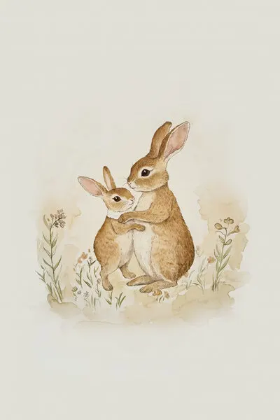 Gentle Bunny Embrace, wall art by Melloi Art Prints