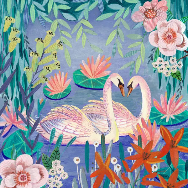 Swans swimming in the pound, wall art by Caroline Bonne Müller