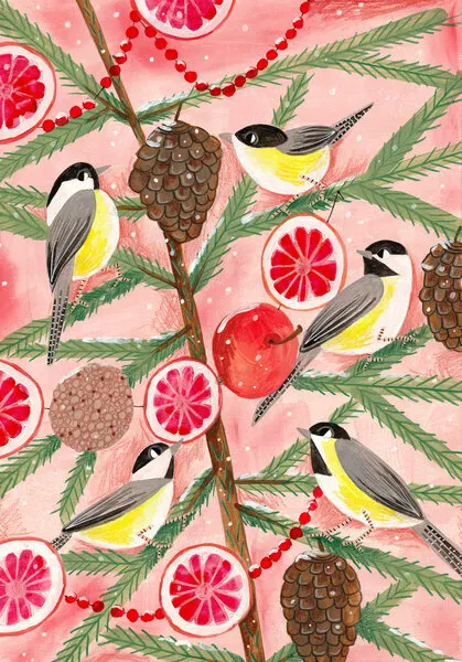 Winter birds Tits in the pine tree at Christmas, wall art by Caroline Bonne Müller