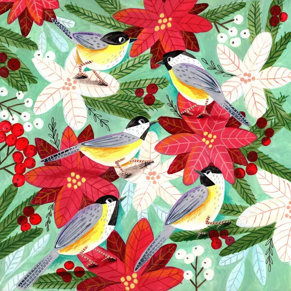 Winter birds tits and Christmas flowers, wall art by Caroline Bonne Müller