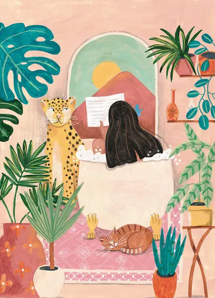 Woman taking bath in pink tropical bathroom, wall art by Caroline Bonne Müller
