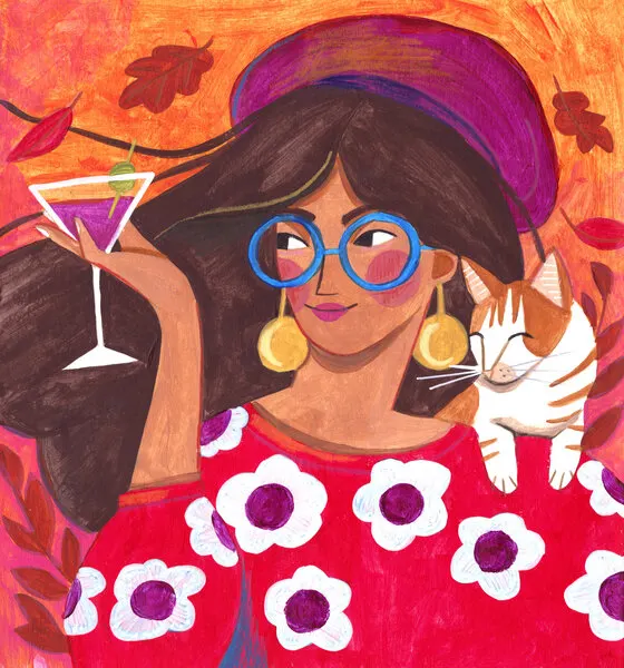 Modern Autumn portrait Woman with Cat, wall art by Caroline Bonne Müller