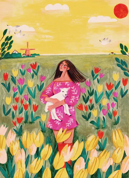 Woman in spring tulip field, wall art by Caroline Bonne Müller