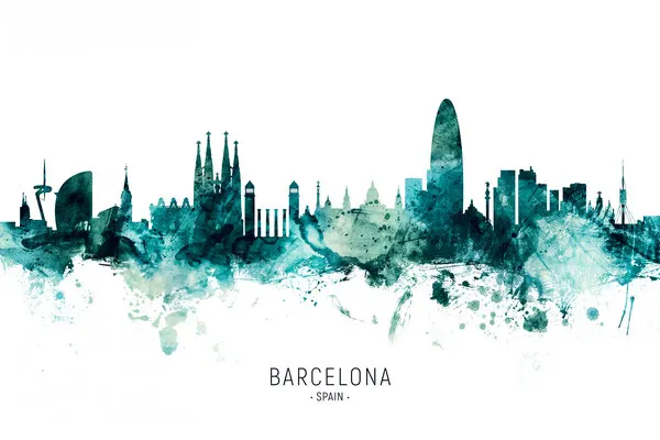 Barcelona Aqua Silhouette, wall art by Michael Tompsett