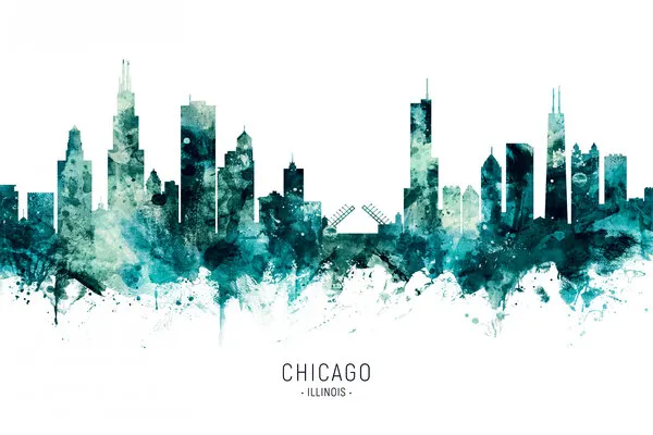 Teal Chicago Skyline, wall art by Michael Tompsett