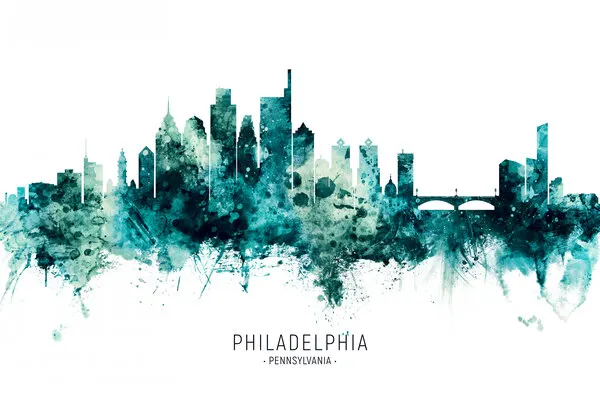 Philadelphia Skyline Watercolor, wall art by Michael Tompsett