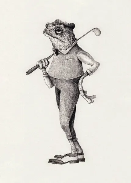 Frog In  Vintage Golf Attire, wall art by Mike Koubou