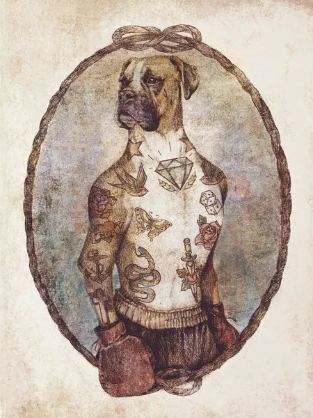 Tattooed Boxer Pup, wall art by Mike Koubou