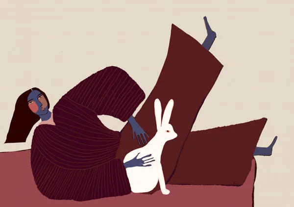 Relaxing Woman And Rabbit, wall art by Sharyn Bursic