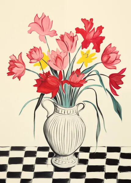Vibrant Flowers Checkered Table, wall art by Andreas Magnusson