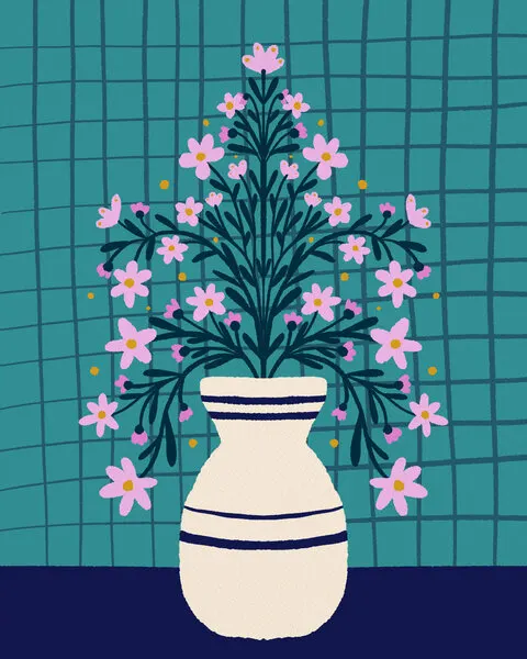 Pink Flowers Teal Grid, wall art by Angela Minca