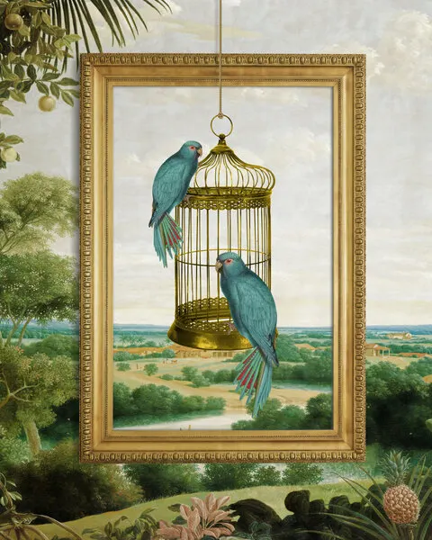 Blue Parrots Golden Cage, wall art by Marja van den Hurk