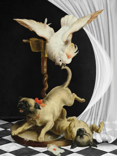 Playful Pugs and Cockatoo, wall art by Marja van den Hurk
