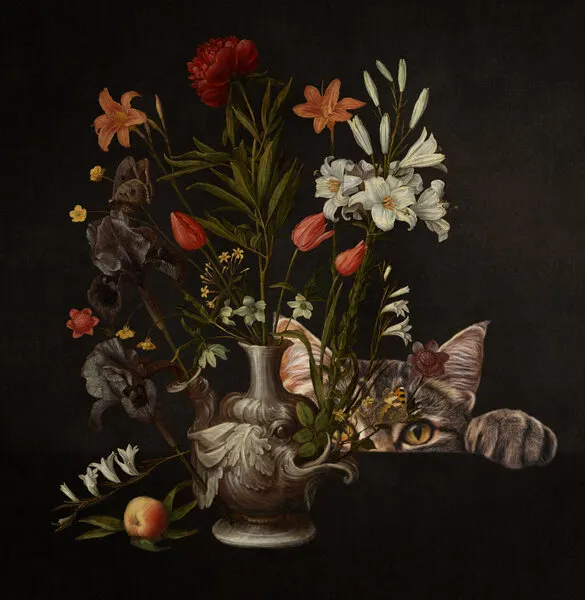 Curious Cat Flowers, wall art by Marja van den Hurk