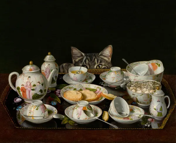 Curious Cat Tea Time, wall art by Marja van den Hurk
