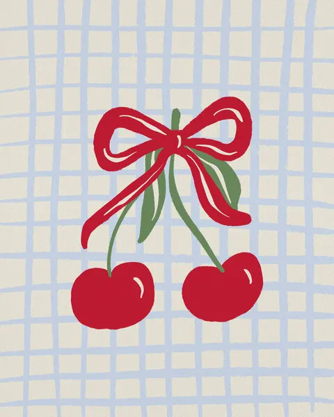 Sweet Cherries Blue Grid, wall art by Angela Minca