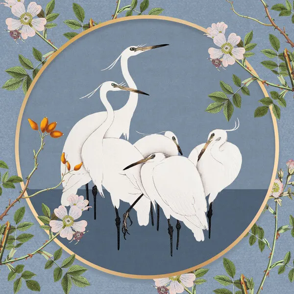 Graceful Egrets and Roses, wall art by Marja van den Hurk