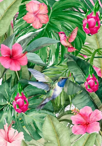 Tropical Floral Hummingbirds, wall art by Elizabeth C