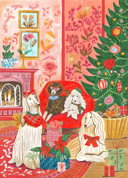 Dogs in cosy living room at Christmas in bright colours, wall art by Caroline Bonne Müller
