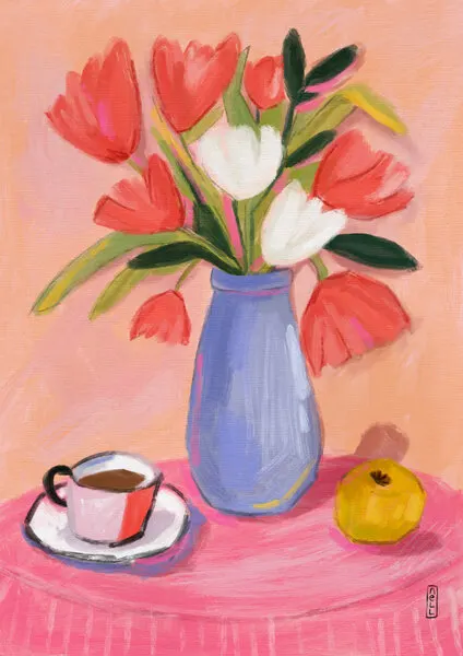Fresh Tulips and Coffee, wall art by Dirkie Nell
