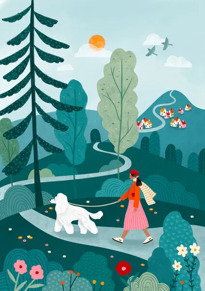 Dog Walk Country Village, wall art by Bea Müller