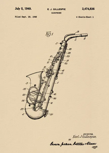 Vintage Saxophone Patent, wall art by Andreas Magnusson