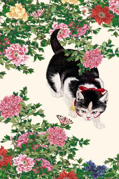 Curious Cat Peonies, wall art by Marja van den Hurk