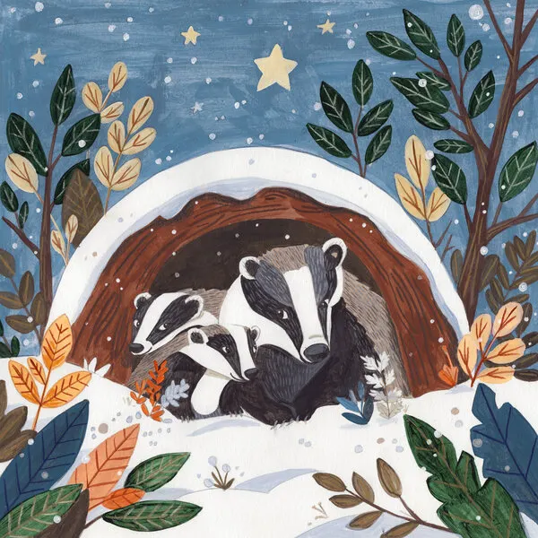 Badgers in Winter Hollow in the Snow Christmas, wall art by Caroline Bonne Müller