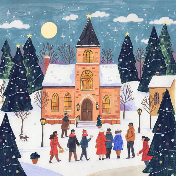 Winter Christmas evening at the church, wall art by Caroline Bonne Müller