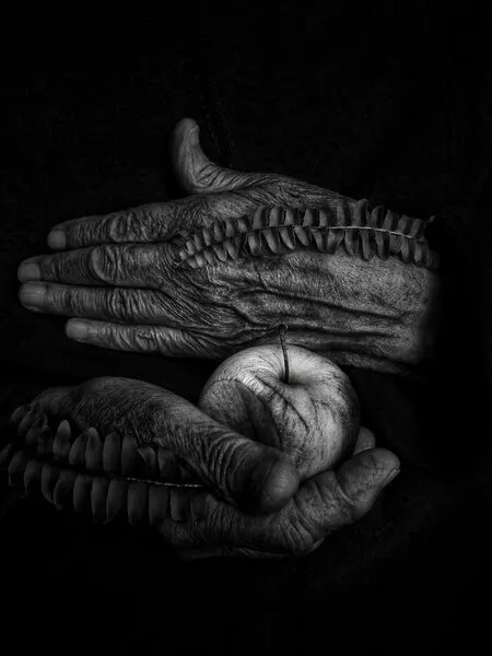 Surreal Aged Hands and Apple, wall art by Ingrida Urbonavičienė