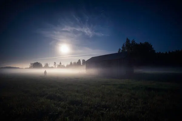 Misty Barn Under Moonlight, wall art by Mika Suutari