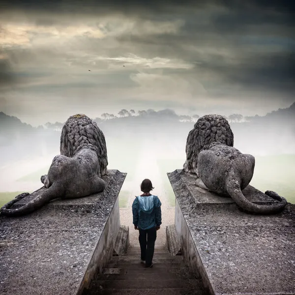 Stone Lions Misty Path, wall art by Angel Villalba