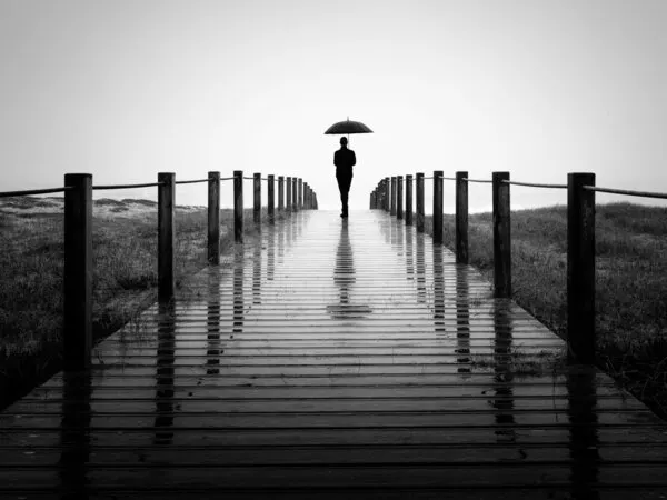 Umbrella Man Misty Boardwalk, wall art by Marco Faria