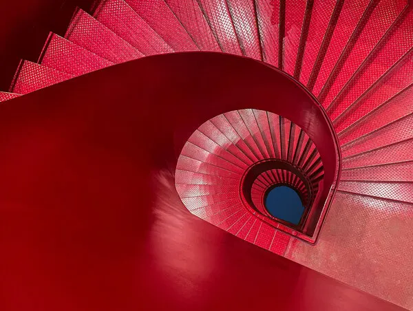 Vibrant Red Spiral Stairs, wall art by UU
