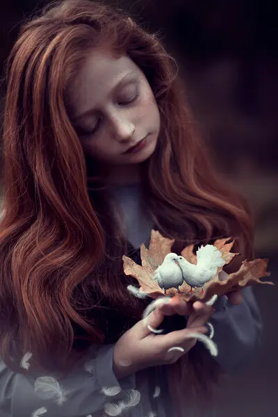 Redhead Girl And Doves, wall art by AYMAN KHRBAWE