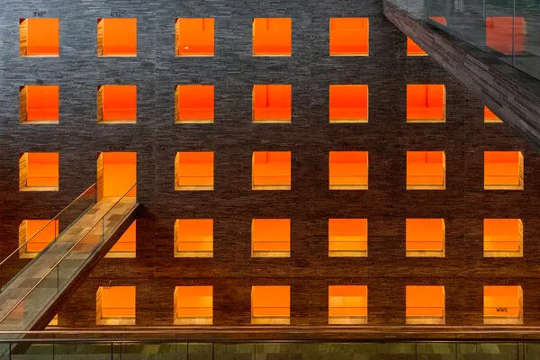 Orange Geometric Facade, wall art by Wilma Wijers Smeets