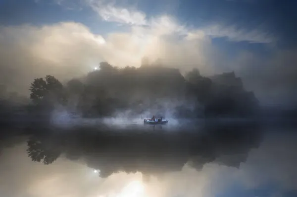 Misty Lake Sunrise Boat, wall art by paralaxa