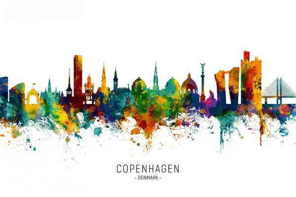 Copenhagen Watercolor Skyline, wall art by Michael Tompsett