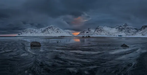 Snowy Beach Mountain Sunset, wall art by Ronny Olsson