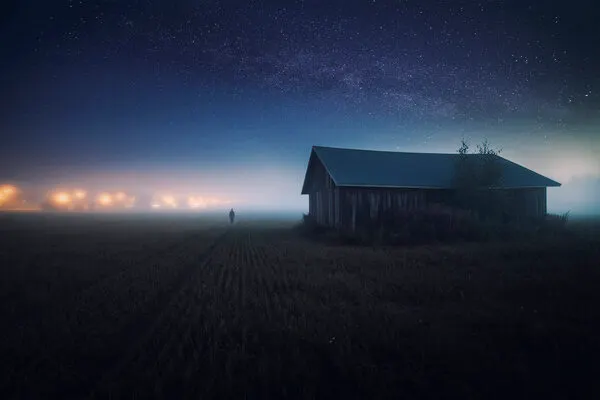 Misty Starry Night Barn, wall art by Mika Suutari
