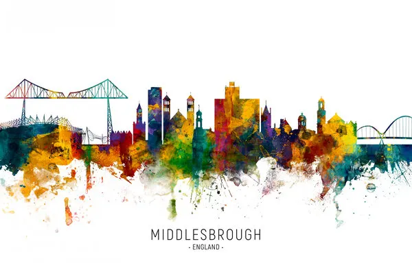 Middlesbrough Watercolor Skyline, wall art by Michael Tompsett