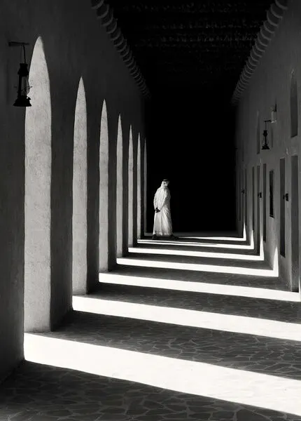 Solitary Figure Arched Hallway, wall art by Karim Al Thahaby