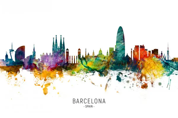 Barcelona Watercolor Skyline, wall art by Michael Tompsett