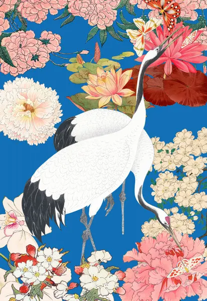 Japanese Cranes Floral Art, wall art by Marja van den Hurk