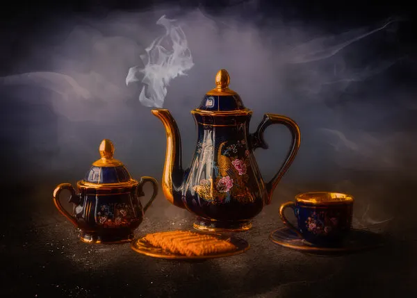 Steaming Blue Teaset, wall art by Rob Ryan
