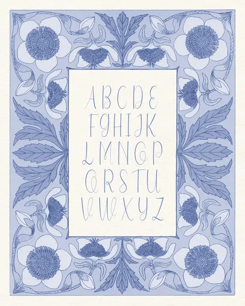 Blue Floral Alphabet, wall art by Wild Violets