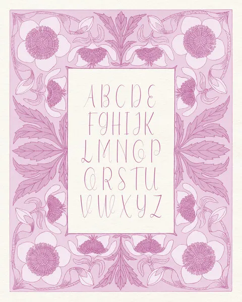 Pink Floral Alphabet, wall art by Wild Violets
