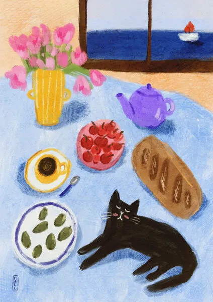 Relaxing Seaside Cat Breakfast, wall art by Dirkie Nell