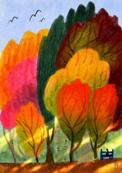 Cat On a Park Bench and Summer Trees, wall art by Dirkie Nell